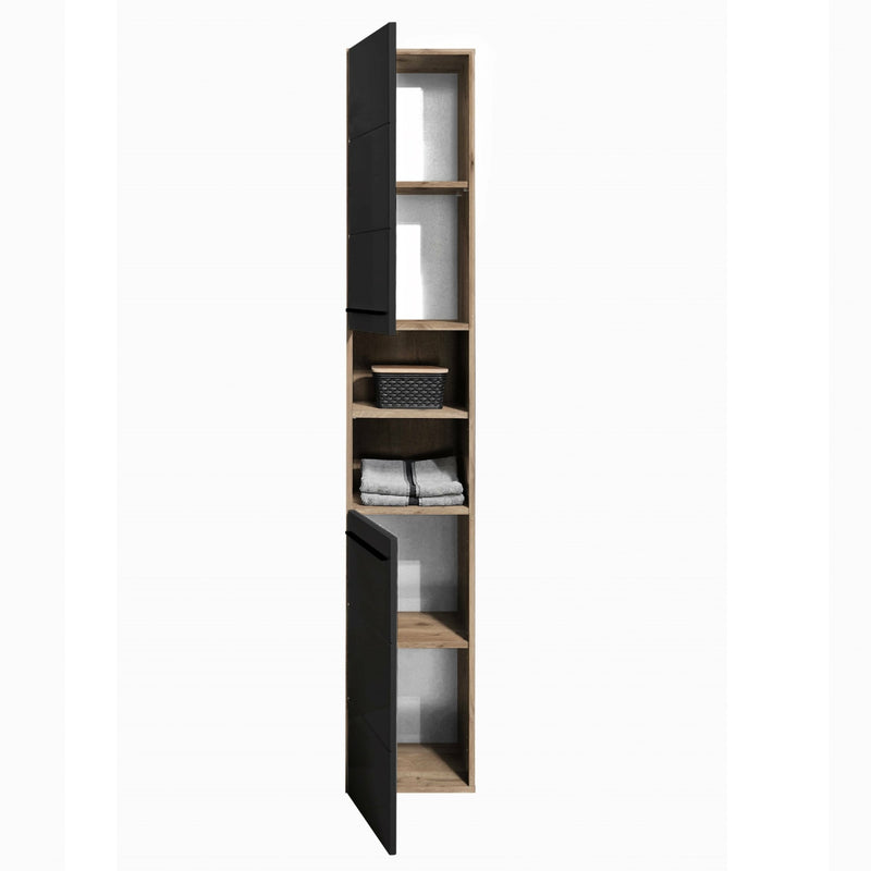 Tall narrow wooden cabinet with shelves on a white background