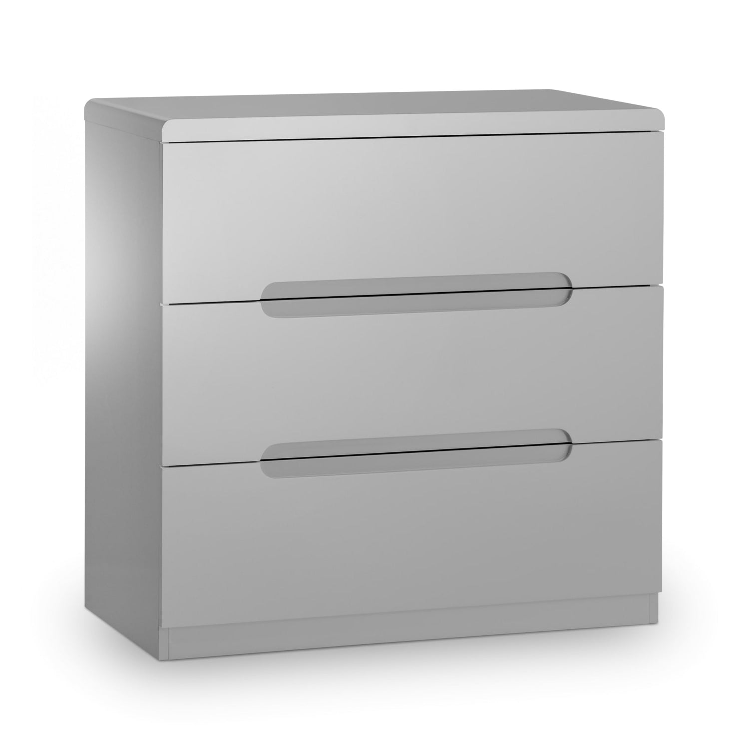 Gray dresser with three drawers on a white background
