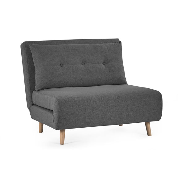 Gray upholstered chair with wooden legs on a white background
