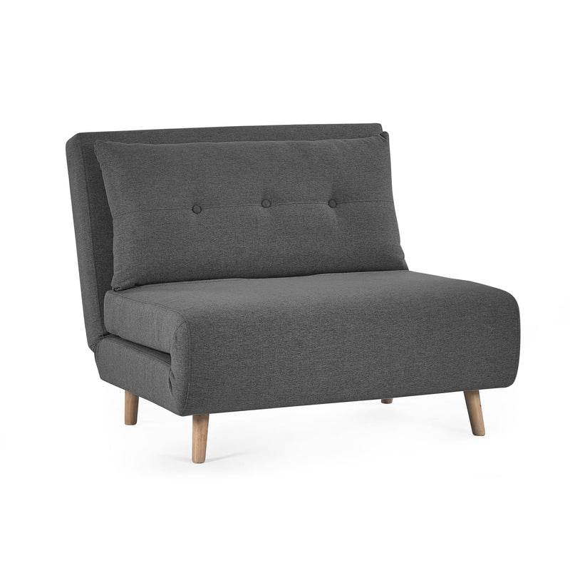 Gray upholstered chair with wooden legs on a white background
