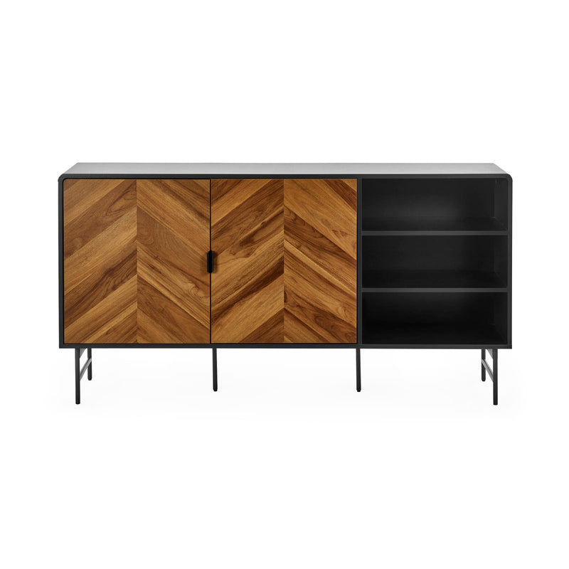 Wooden cabinet with chevron pattern and black metal legs on a white background