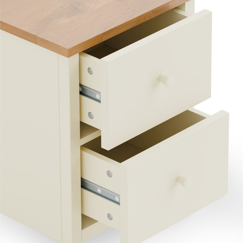 Wooden desk with open drawers on a white background