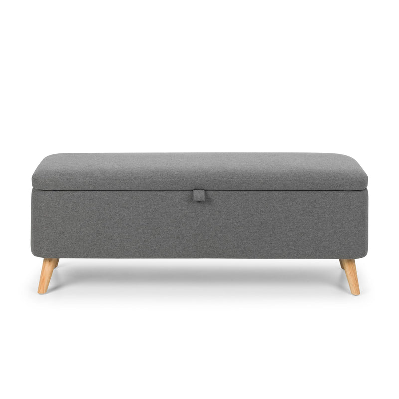 Gray storage bench with wooden legs on a white background