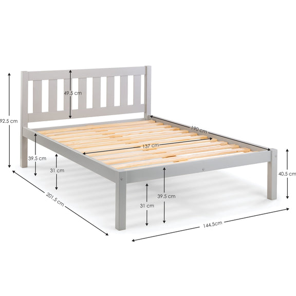 White wooden bed frame with dimensions labeled on a white background