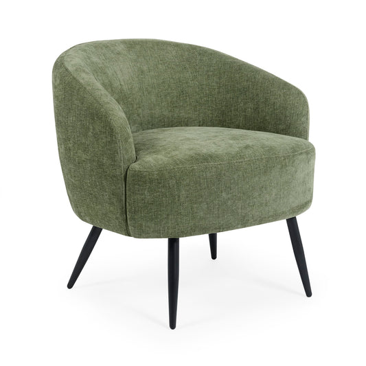 Green armchair with black legs on a white background