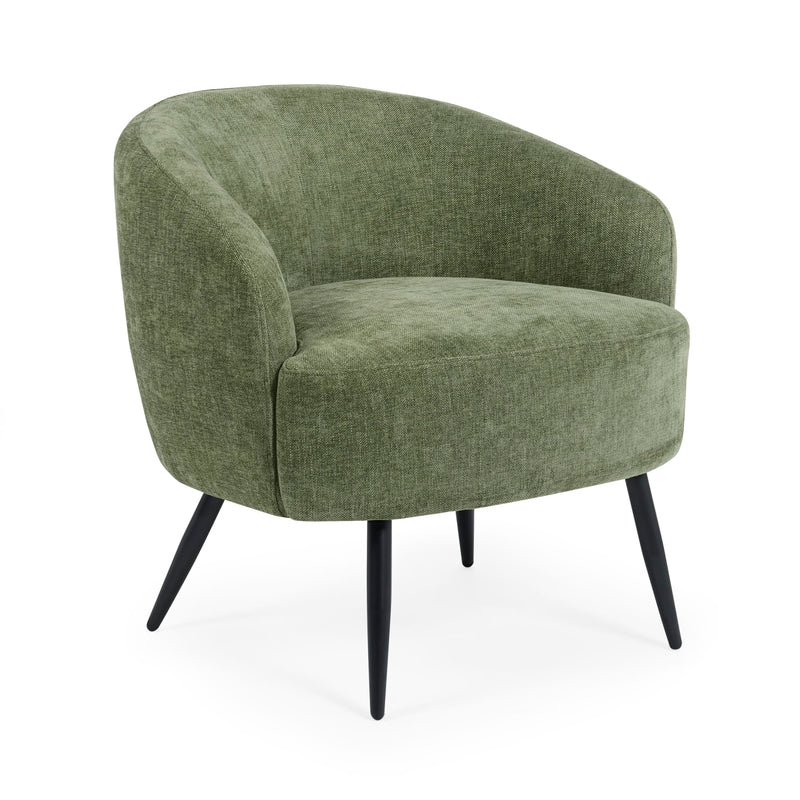Green armchair with black legs on a white background