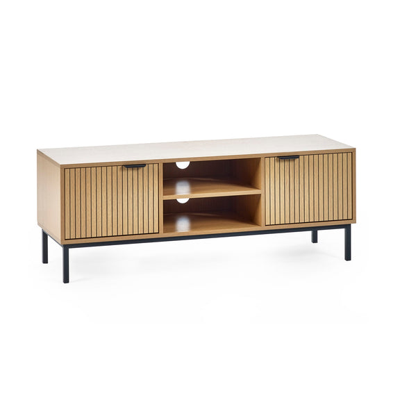 Wooden TV stand with white top and black legs on a white background
