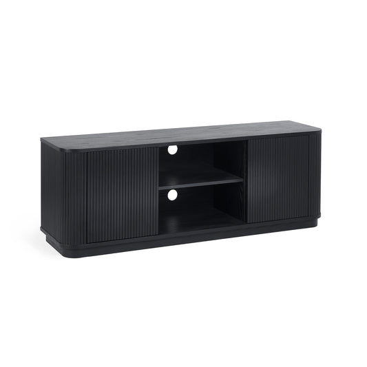 Black TV stand with a white background