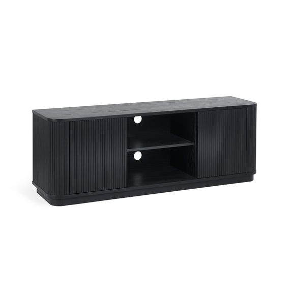 Black TV stand with a white background