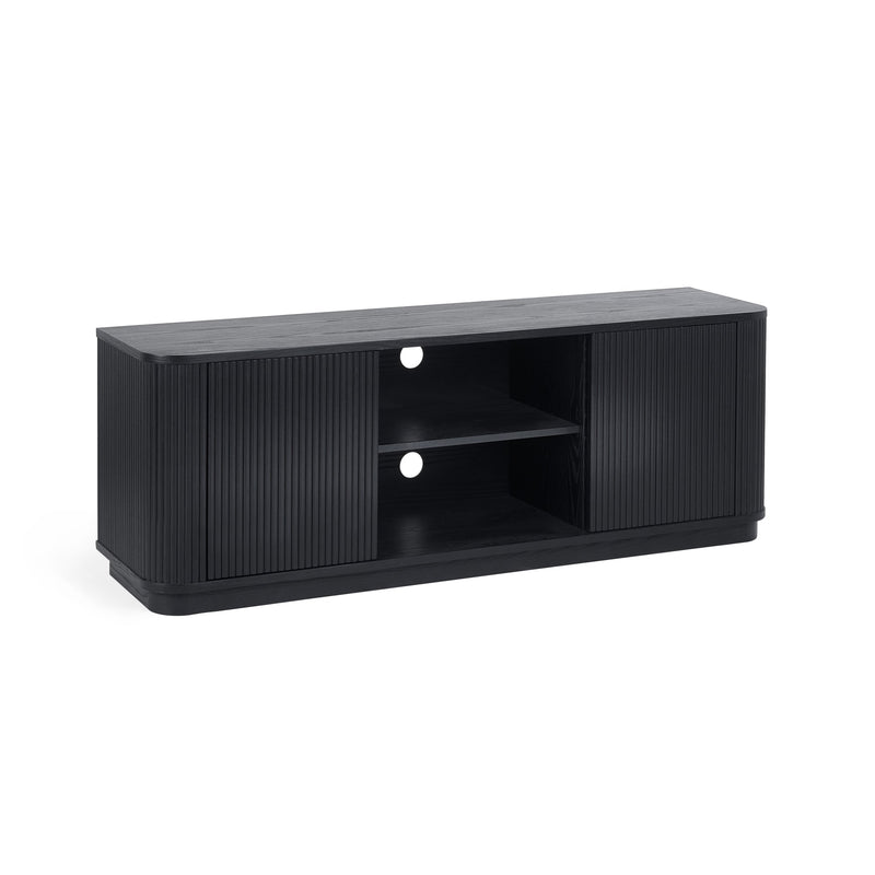 Black TV stand with a white background