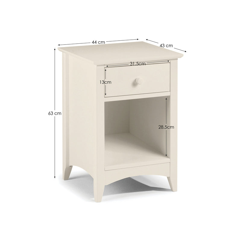 White nightstand with dimensions labeled on a white background
