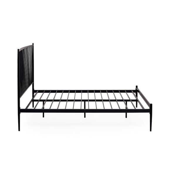 Black metal bed frame on a white background