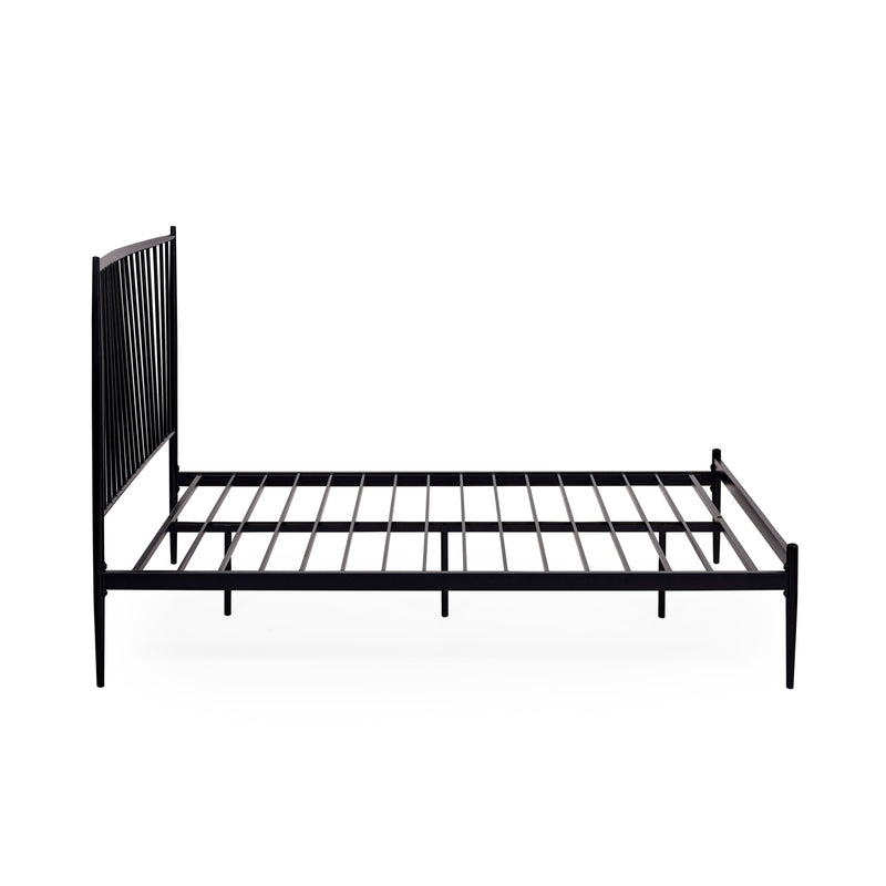 Black metal bed frame on a white background