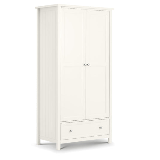 White wardrobe with two doors and a drawer on a white background