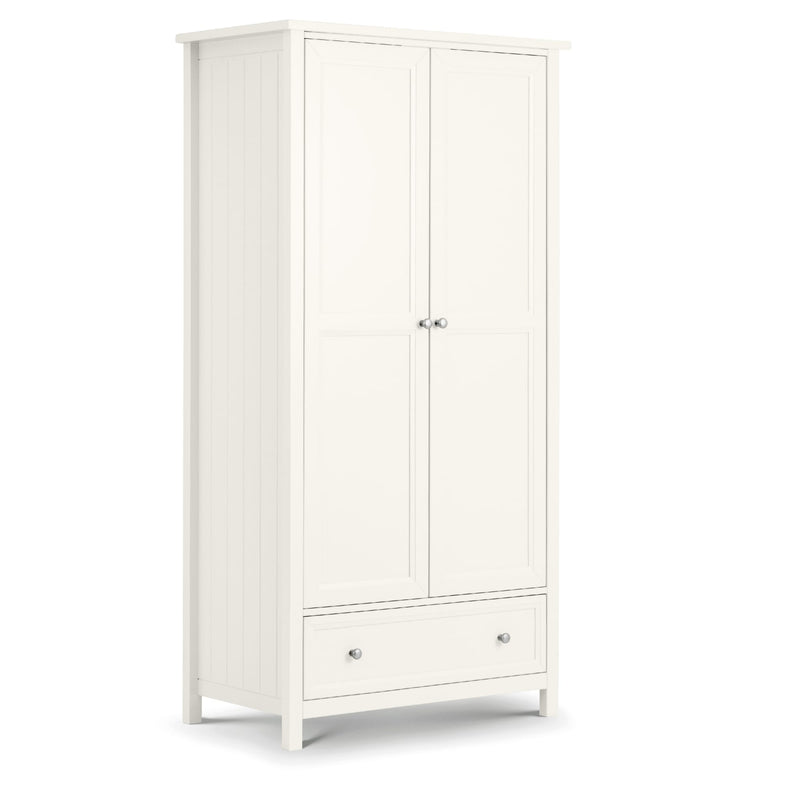 White wardrobe with two doors and a drawer on a white background