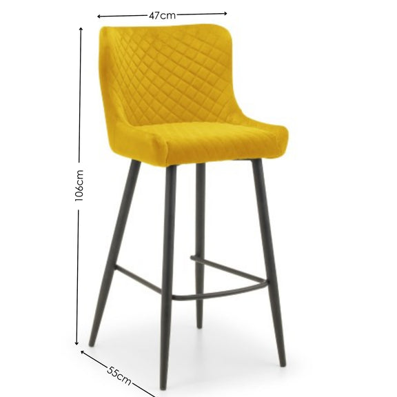 Yellow bar stool with dimensions on a white background