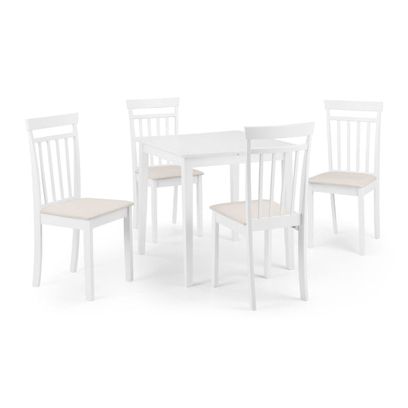 White dining table set with four chairs on a white background