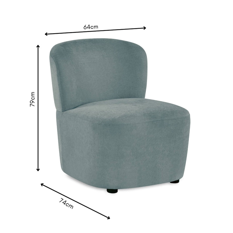 Gray armchair with dimensions marked on a white background