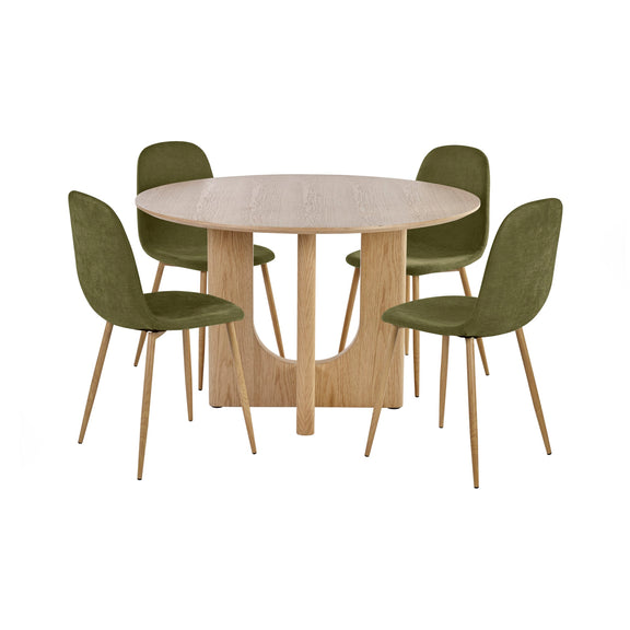 Round wooden table with four green chairs on a white background