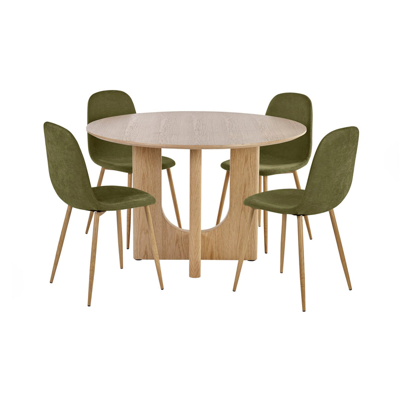 Round wooden table with four green chairs on a white background