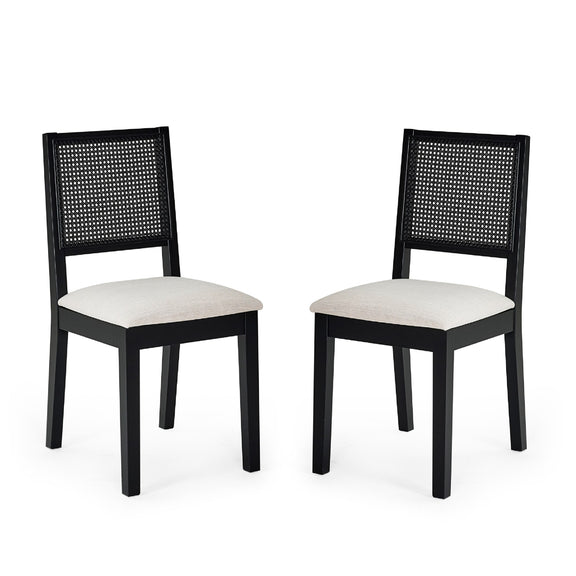 Two black chairs with white cushions on a white background