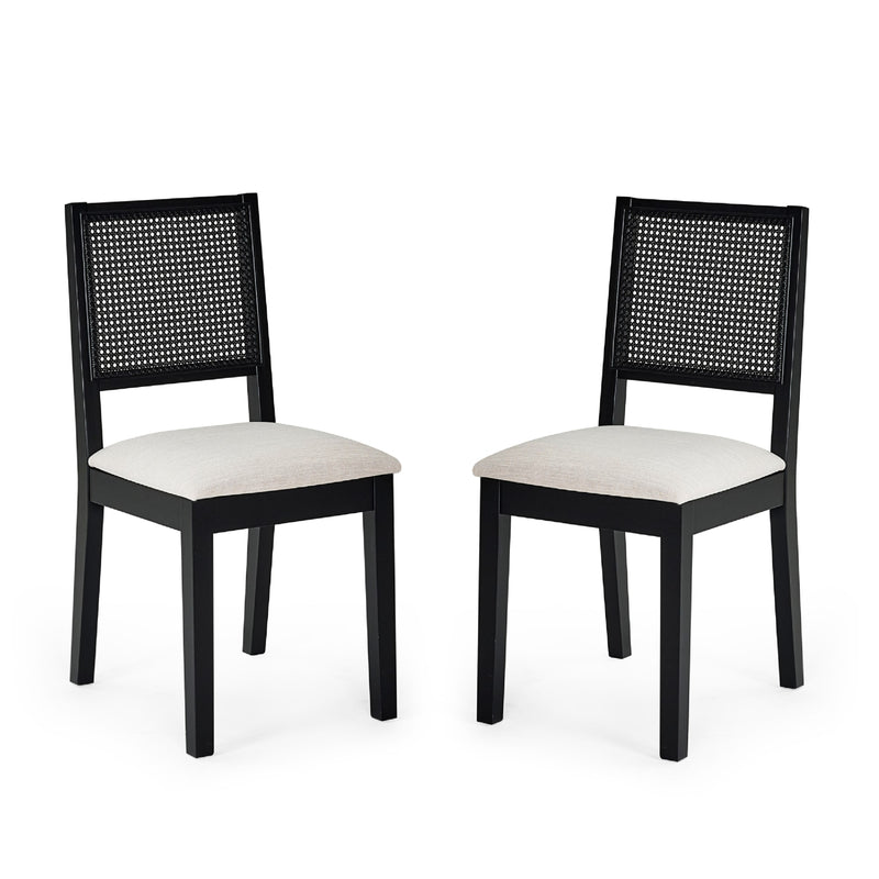 Two black chairs with white cushions on a white background