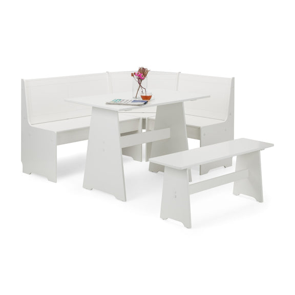 White dining set with bench and table on a white background