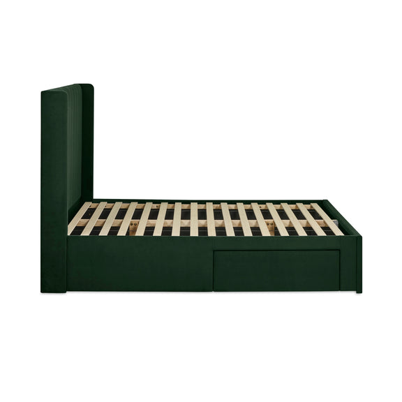 Black bed frame with wooden slats on a white background
