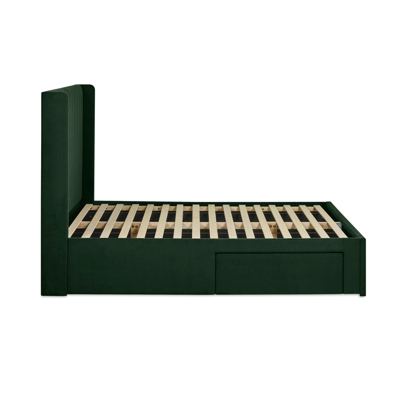 Black bed frame with wooden slats on a white background