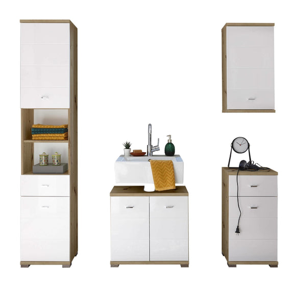 Bathroom furniture set with cabinets, sink, and shelves on a white background