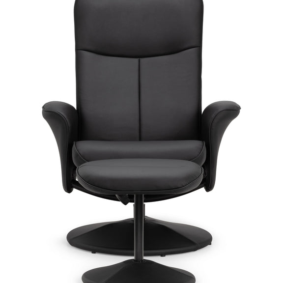 Black armchair with ottoman on a white background