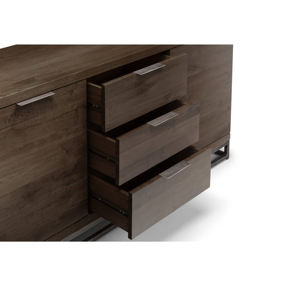 Wooden dresser with multiple drawers on a white background