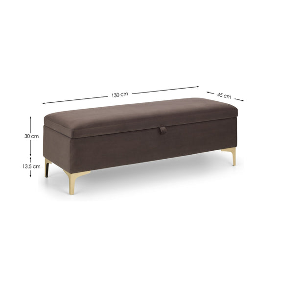 Brown storage bench with gold legs and dimensions labeled on a white background