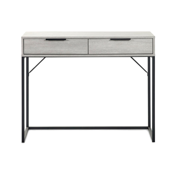 White console table with two drawers on a white background