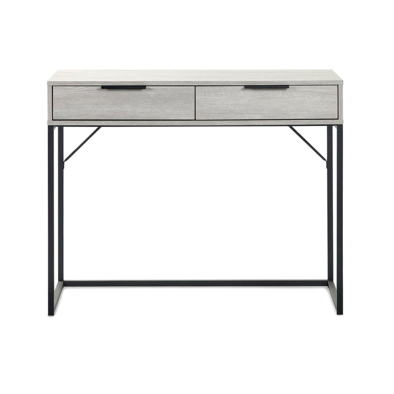 White console table with two drawers on a white background