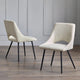 Two beige textured chairs with black legs on a wooden floor against a gray paneled wall.