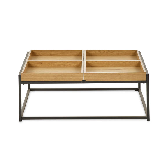 Wooden coffee table with metal frame on a white background