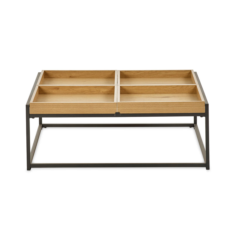 Wooden coffee table with metal frame on a white background