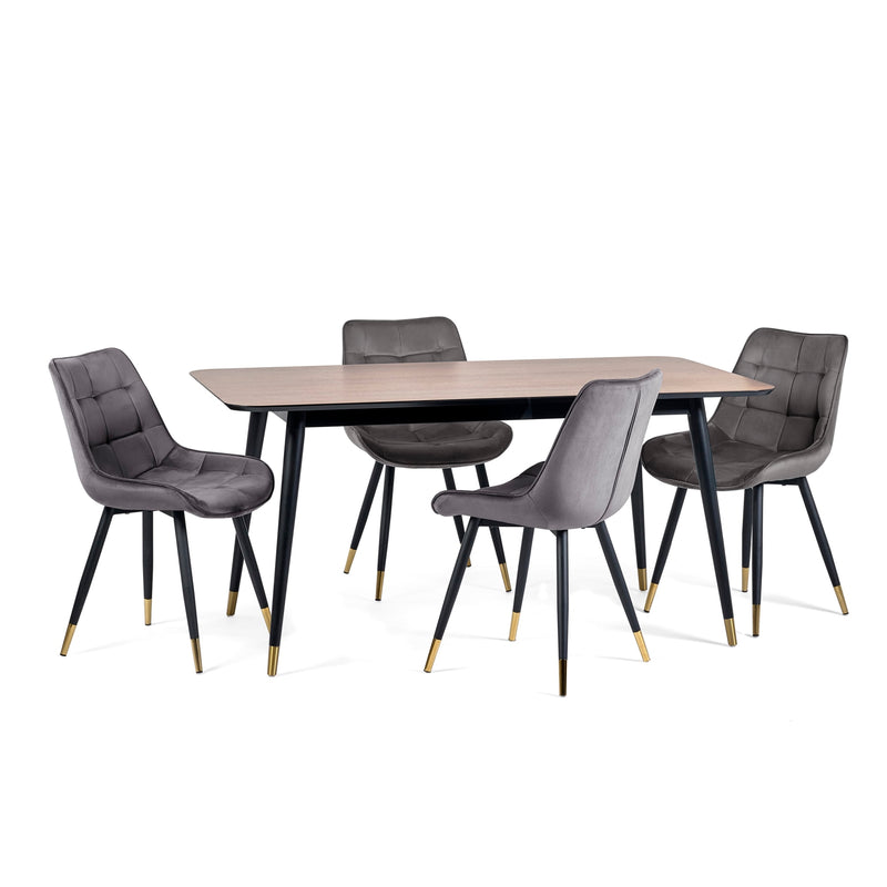 Dining table set with four gray chairs on a white background