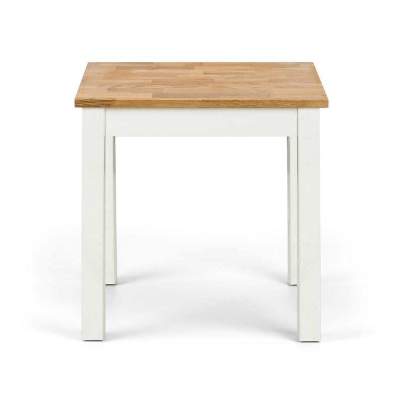 Small table with wooden top and white base on a white background