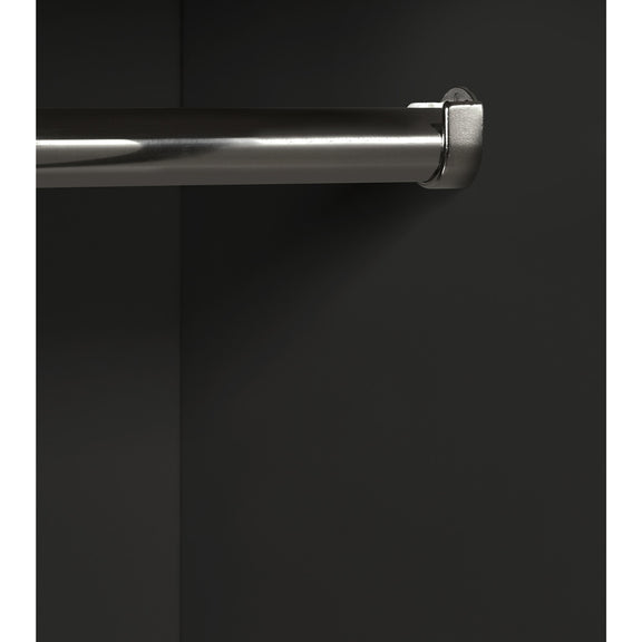 Close-up of a black cabinet with a silver handle on a black background