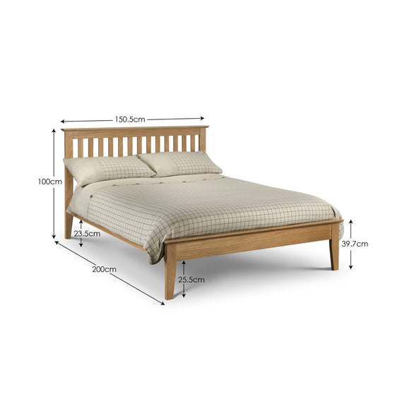 Wooden bed with dimensions labeled on a white background