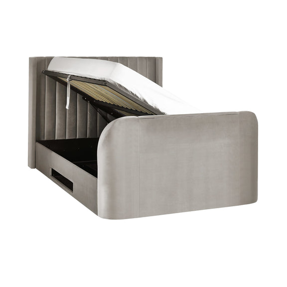 Gray bed with pull-out mechanism on a white background