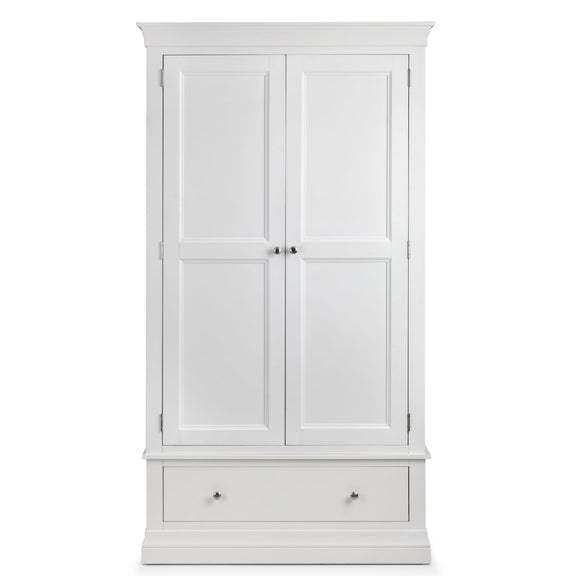White wardrobe with two doors and a drawer on a white background