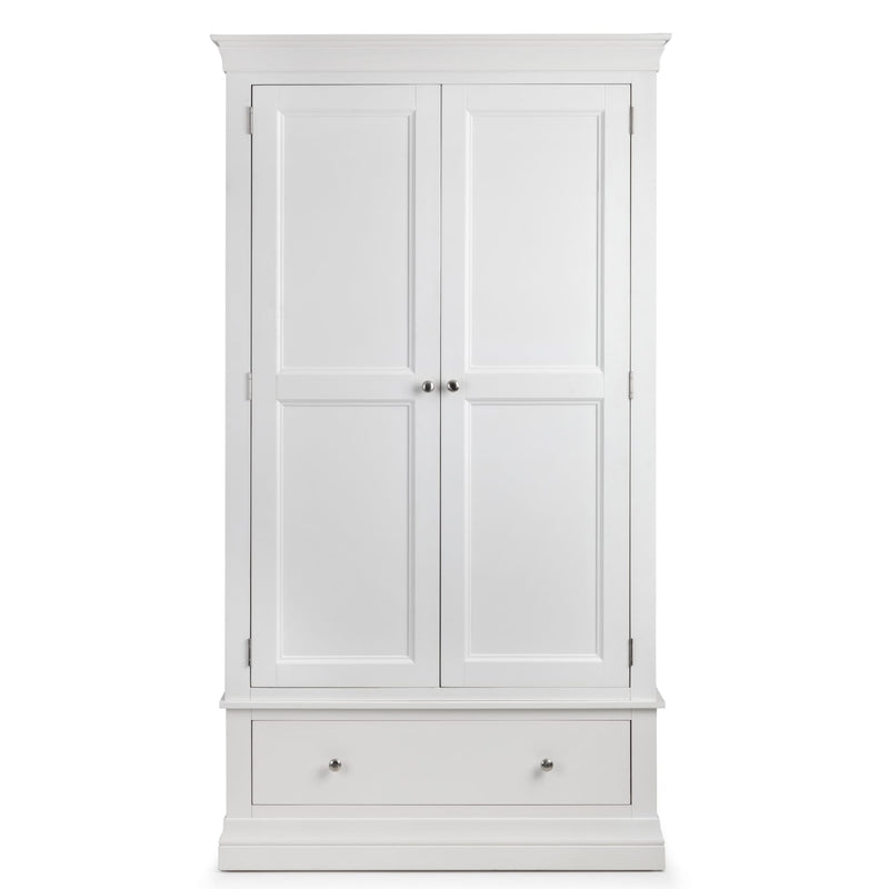 White wardrobe with two doors and a drawer on a white background