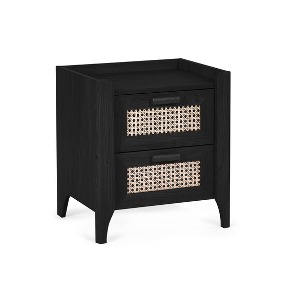 Black bedside table with two rattan front drawers front view