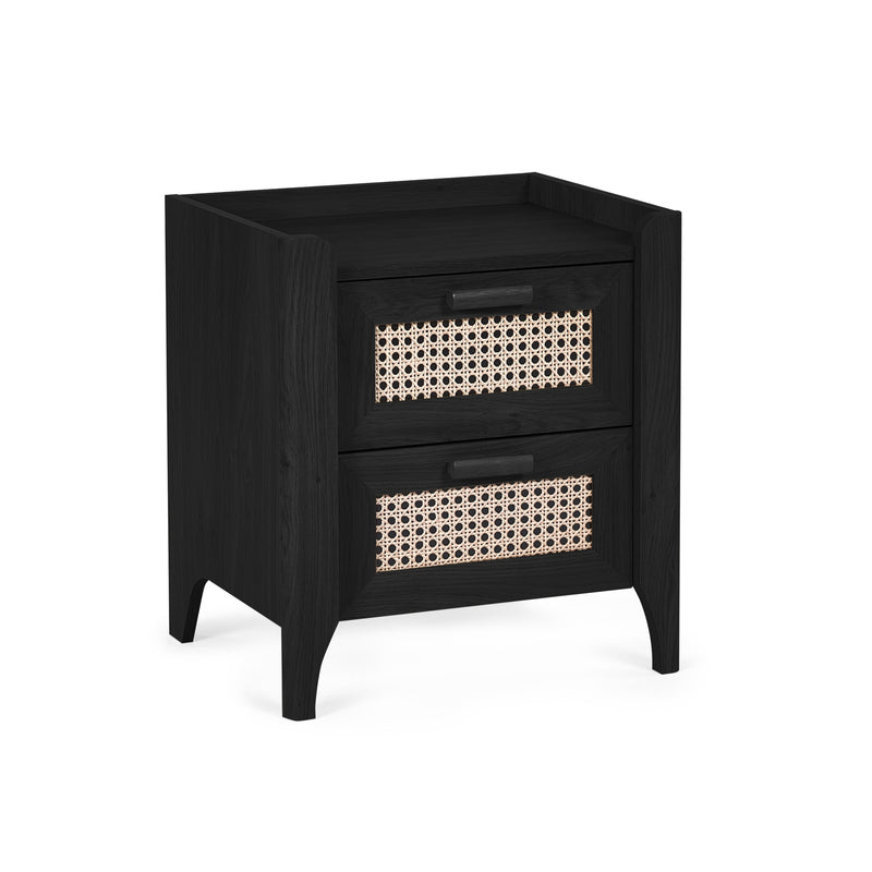 Black bedside table with two rattan front drawers front view