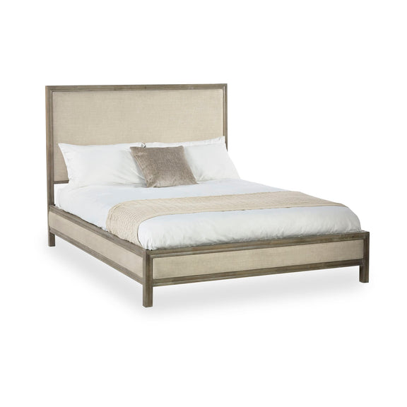 Beige bed frame with white bedding on a white background