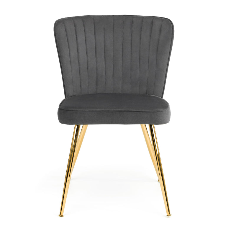 Gray upholstered chair with gold legs on a white background