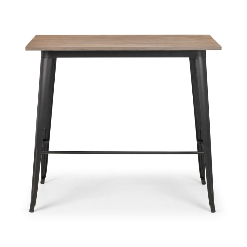 Wooden table with black metal legs on a white background